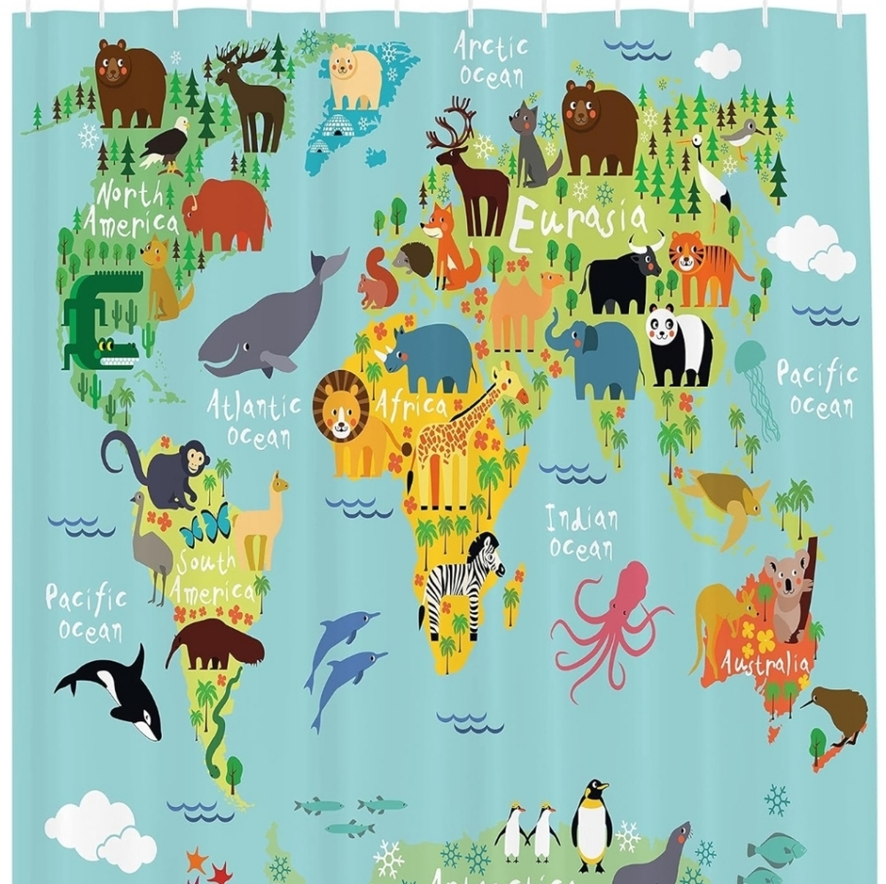 Extra Long Shower Curtain and Three Foam Tiles Children's Animal Theme